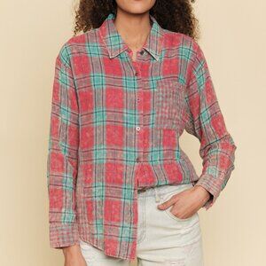 MYSTREE Vintage-Inspired Plaid Button-Up Shirt, Red Teal Checkered Patchwork